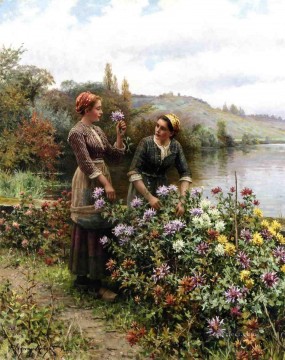 Daniel Ridgway Knight Painting - Peasant Girls in Flower Garden countrywoman Daniel Ridgway Knight